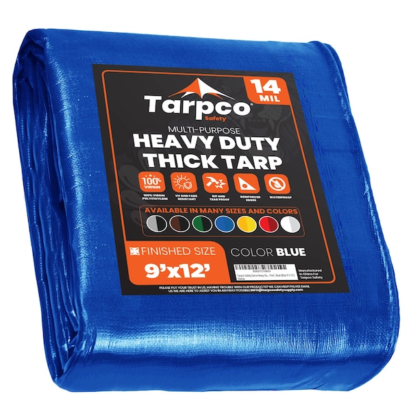 Tarpco Safety Heavy Duty Tarp, 12 ft L x 0.5 mm H x 9 ft W, 14 Mil, Blue, Polyethylene - TS-105-9X12