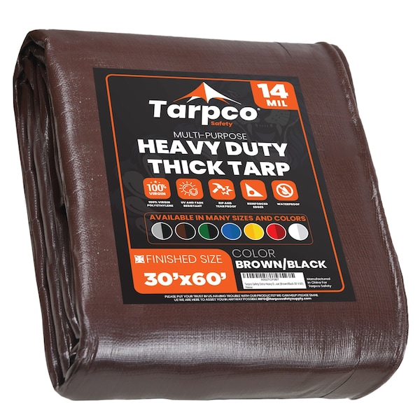 Tarpco Safety Heavy Duty Tarp, 60 ft L x 0.5 mm H x 30 ft W, 14 Mil, Brown/Black, Polyethylene - TS-102-30X60