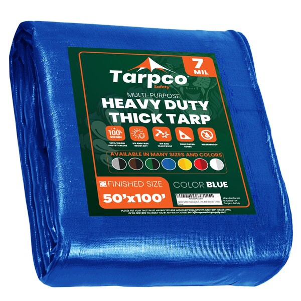 Tarpco Safety Heavy Duty Tarp, 100 ft L x 0.5 mm H x 50 ft W, 7 Mil, Blue, Polyethylene - TS-205-50X100