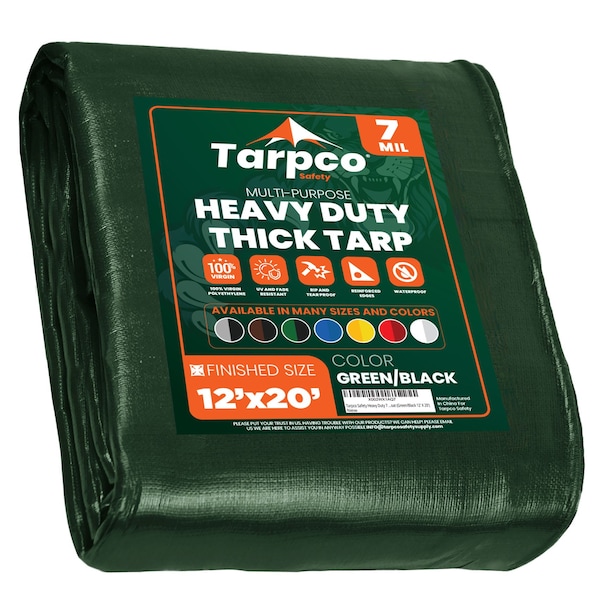 Tarpco Safety Heavy Duty Tarp, 20 ft L x 0.5 mm H x 12 ft W, 7 Mil, Green/Black, Polyethylene - TS-203-12X20