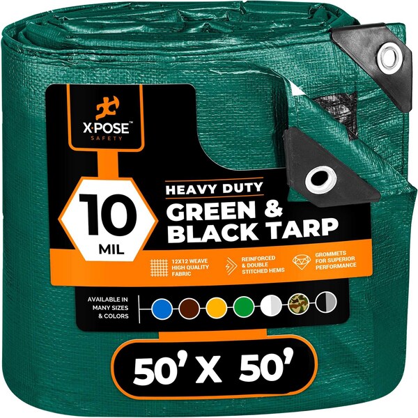 Xpose Safety Heavy Duty Poly Tarp 50ft x 50ft 10 Mil Waterproof, UV Blocking, Reversible Green/Black Tarp - MTGB-5050-X
