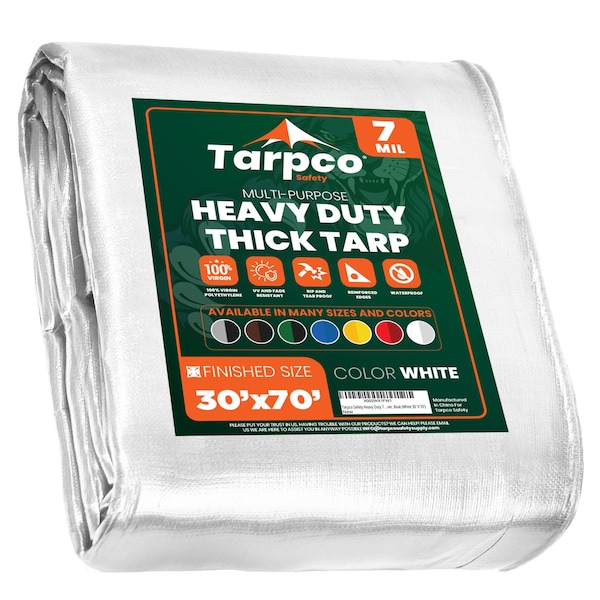 Tarpco Safety Heavy Duty Tarp, 70 ft L x 0.5 mm H x 30 ft W, 7 Mil, White, Polyethylene - TS-204-30X70