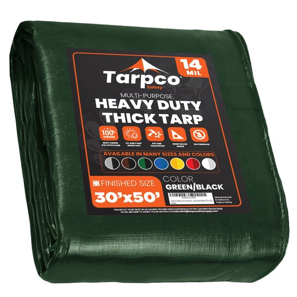 Tarpco Safety Heavy Duty Tarp, 50 ft L x 0.5 mm H x 30 ft W, 14 Mil, Green/Black, Polyethylene - TS-103-30X50