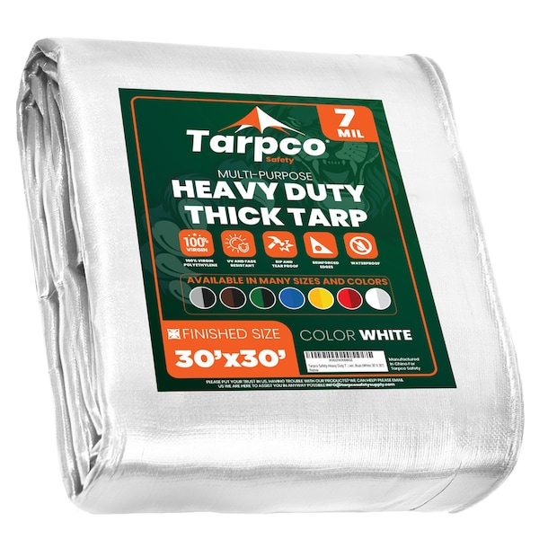 Tarpco Safety Heavy Duty Tarp, 30 ft x 0.5 mm H x 30 ft W, 7 Mil, White, Polyethylene - TS-204-30X30