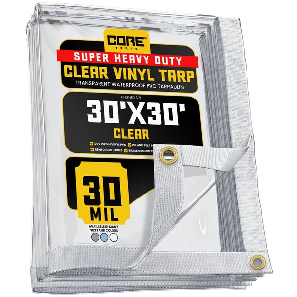 Core Tarps Tarp, 30 ft x 30 ft, 30 Mil, Clear, Polyethylene, UV Resistant - CT-201-30X30