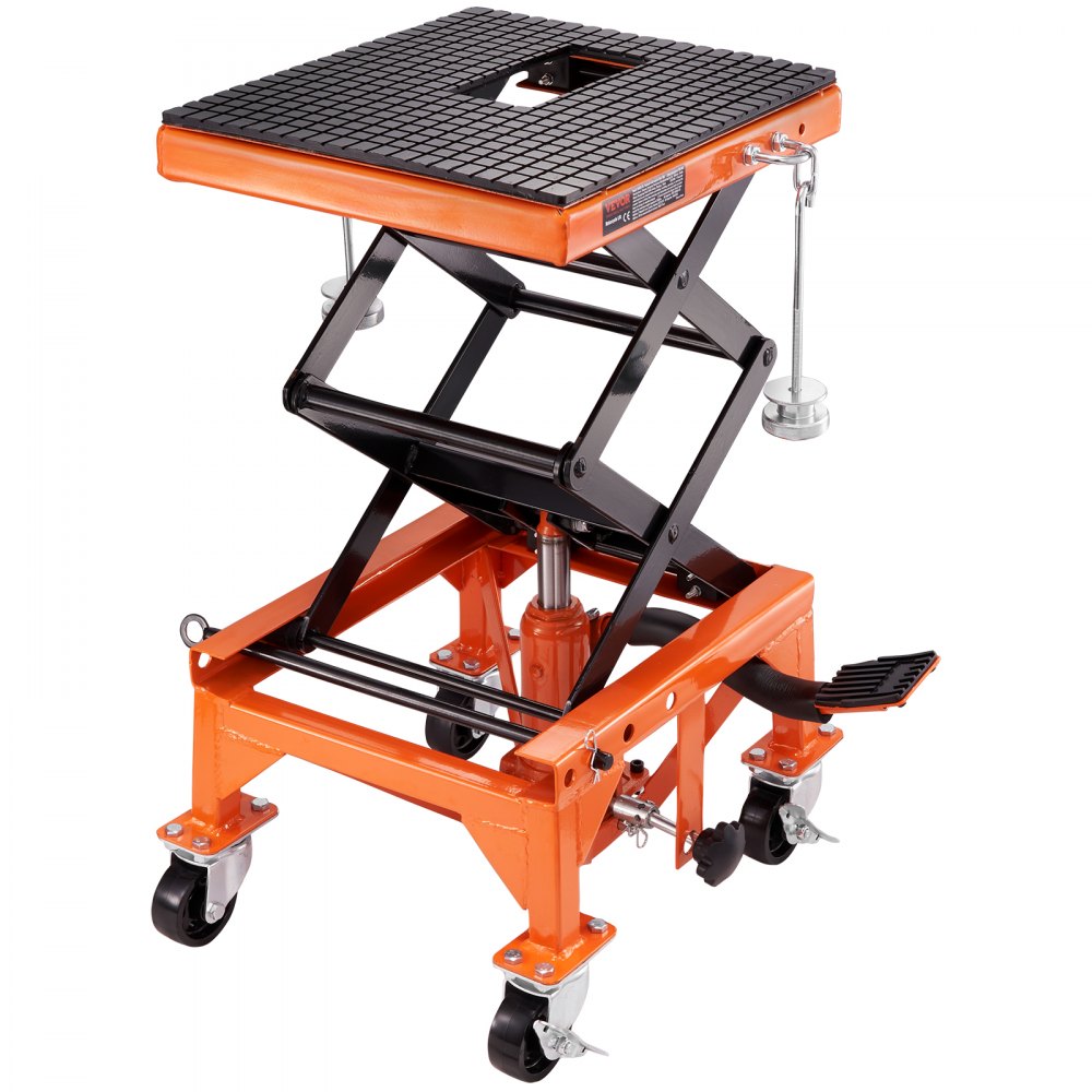 VEVOR Hydraulic Motorcycle Lift Table, 350 LBS Capacity Motorcycle Scissor Jack Lift with Wide Deck, J-hooks, 4 Wheels, Hydraulic Foot-Operated Jack Stand for ATV Dirt Bikes - MTCSJJYYBF350G0E1V0