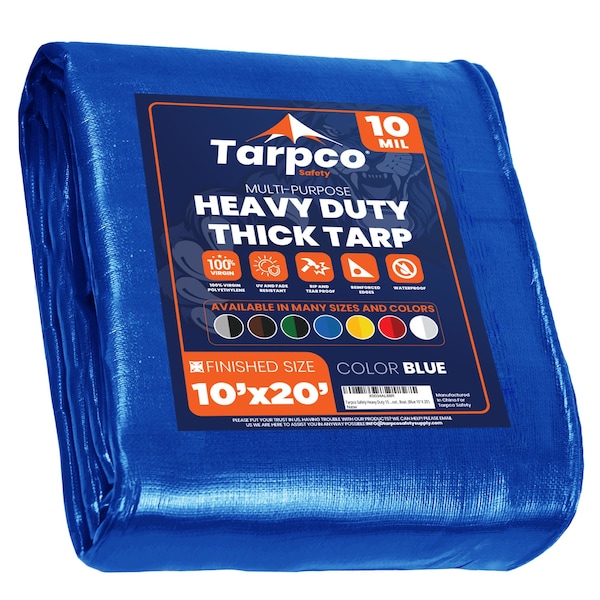 Tarpco Safety Heavy Duty Tarp, 20 ft L x 0.5 mm H x 10 ft W, 10 Mil, Blue, Polyethylene - TS-155-10X20