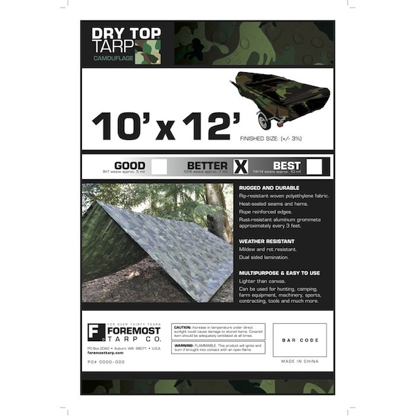Fgi Tarp, 10 ft x 12 ft, 7 mil, Camouflage, Polyethylene, Weather Resistant - 41012