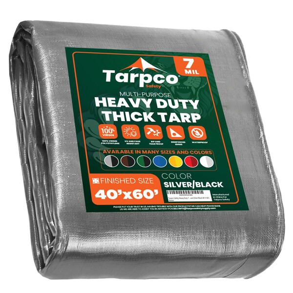 Tarpco Safety Heavy Duty Tarp, 60 ft L x 0.5 mm H x 40 ft W, 7 Mil, Silver/Black, Polyethylene - TS-201-40X60