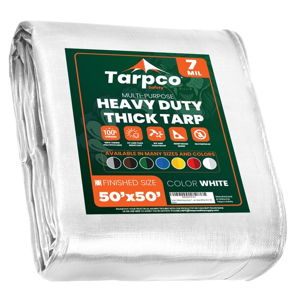 Tarpco Safety Heavy Duty Tarp, 50 ft L x 0.5 mm H x 50 ft W, 7 Mil, White, Polyethylene - TS-204-50X50