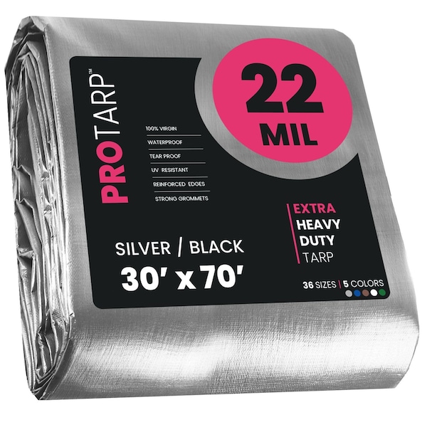 Protarp Heavy Duty Tarp, 30 ft x 70 ft, 22 Mil, Silver/Black, Polyethylene, Waterproof, Rip and Tear Proof - PT-201-30X70