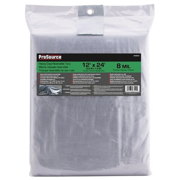 Prosource Heavy-Duty Tarp, 24 ft L, 12 ft W, 8 mil Thick, Polyethylene, Green/Silver - T1224GS140