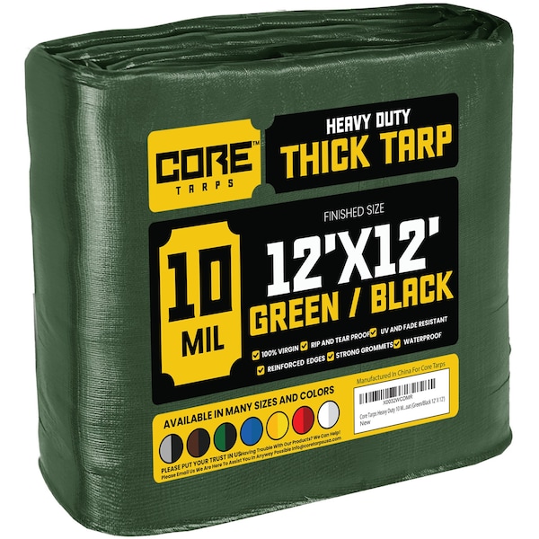 Core Tarps Heavy Duty Tarp, 12 ft L x 0.5 mm H x 12 ft W, 10 Mil, Green/Black, Polyethylene - CT-603-12X12
