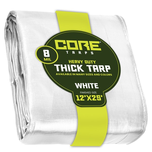Core Tarps Heavy Duty Tarp, 25 ft L x 0.5 mm H x 12 ft W, 8 Mil, White, Polyethylene - CT-404-12X25