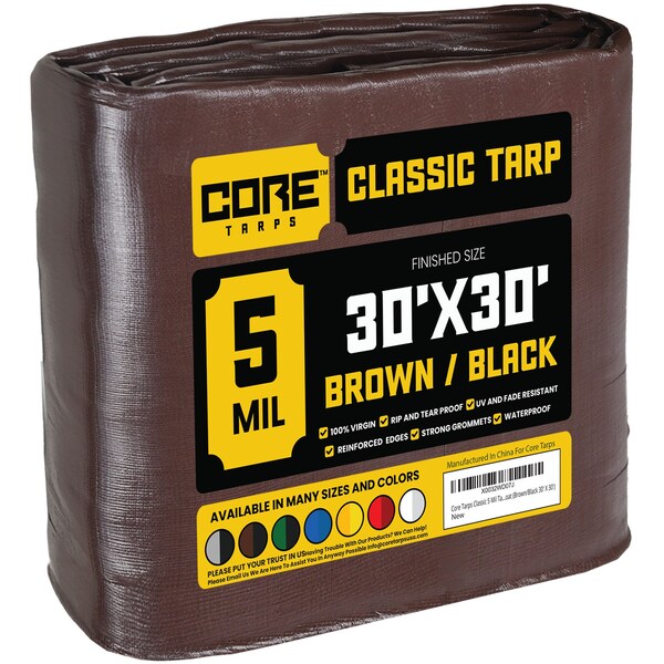 Core Tarps Heavy Duty Tarp, 30 ft x 0.5 mm H x 30 ft W, 5 Mil, Brown/Black, Polyethylene - CT-502-30X30