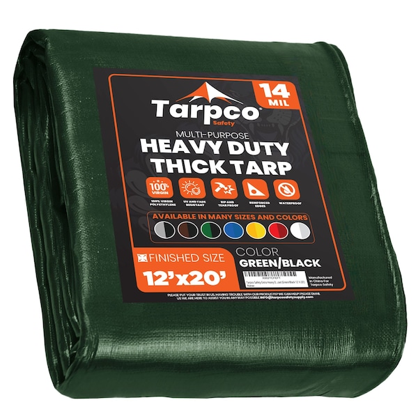 Tarpco Safety Heavy Duty Tarp, 20 ft L x 0.5 mm H x 12 ft W, 14 Mil, Green/Black, Polyethylene - TS-103-12X20