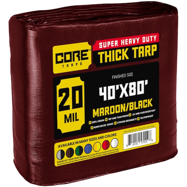 Core Tarps Heavy Duty Tarp, 40 ft x 80 ft, 20 Mil, Maroon, Polyethylene - CT-707-40X80