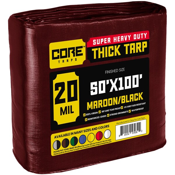 Core Tarps Heavy Duty Tarp, 50 ft x 100 ft, 20 Mil, Maroon, Polyethylene - CT-707-50X100
