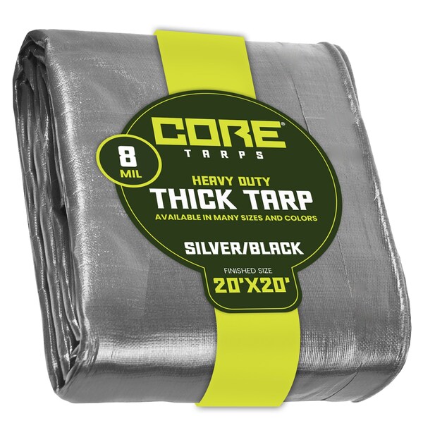Core Tarps Heavy Duty Tarp, 20 ft L x 0.5 mm H x 20 ft W, 8 Mil, Silver/Black, Polyethylene - CT-401-20X20