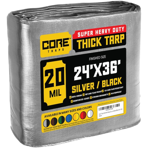 Core Tarps Heavy Duty Tarp, 36 ft L x 0.5 mm H x 24 ft W, 20 Mil, Silver/Black, Polyethylene - CT-701-24X36