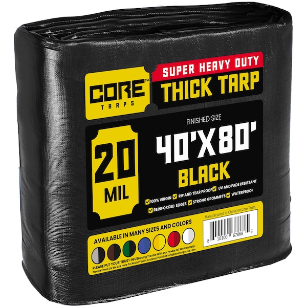 Core Tarps Heavy Duty Tarp, 40 ft x 80 ft, 20 Mil, Black, Polyethylene - CT-706-40X80