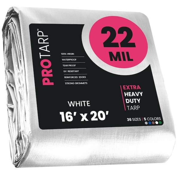 Protarp Heavy Duty Tarp, 16 ft x 20 ft, 22 Mil, White, Polyethylene, Waterproof, Rip and Tear Proof - PT-204-16X20
