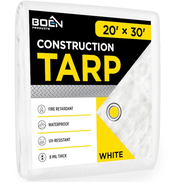 Boen Construction FR Tarp, 20 ft x 30 ft, 8Mil, White, Polyethylene (PE) - CT-2030