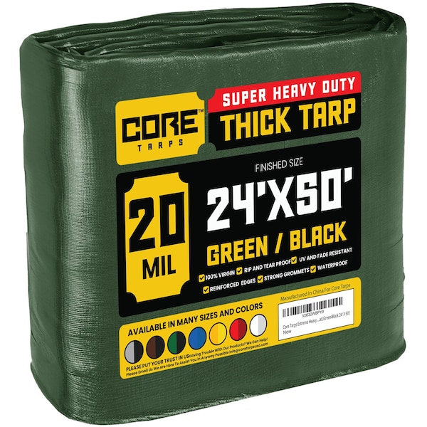 Core Tarps Heavy Duty Tarp, 50 ft L x 0.5 mm H x 24 ft W, 20 Mil, Green/Black, Polyethylene - CT-703-24X50