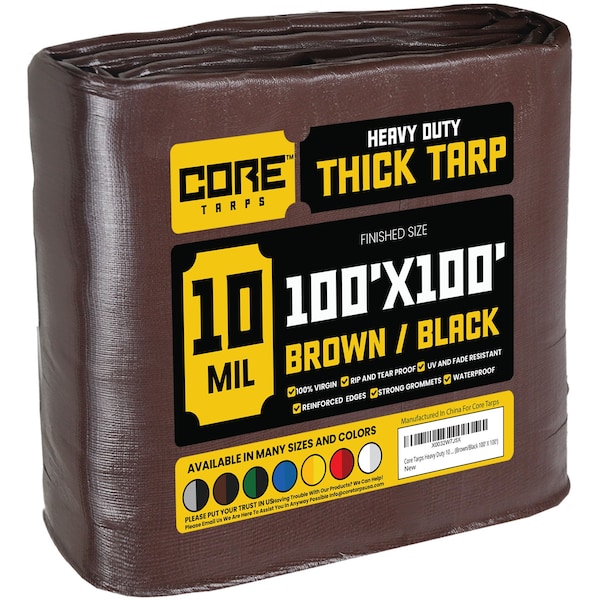 Core Tarps Heavy Duty Tarp, 100 ft L x 0.5 mm H x 100 ft W, 10 Mil, Brown/Black, Polyethylene - CT-602-100X100