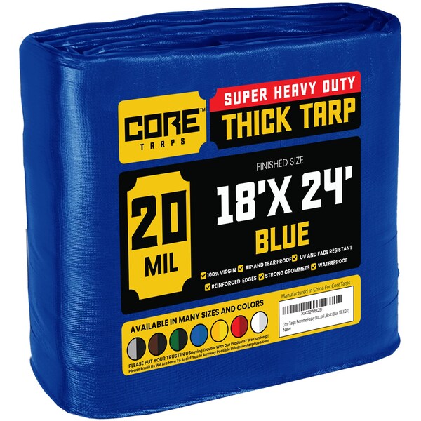 Core Tarps Heavy Duty Tarp, 24 ft L x 0.5 mm H x 18 ft W, 20 Mil, Blue, Polyethylene - CT-705-18X24