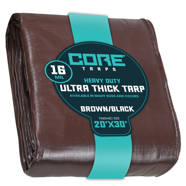 Core Tarps Heavy Duty Tarp, 30 ft x 0.5 mm H x 20 ft W, 16 Mil, Brown/Black, Polyethylene - CT-302-20X30