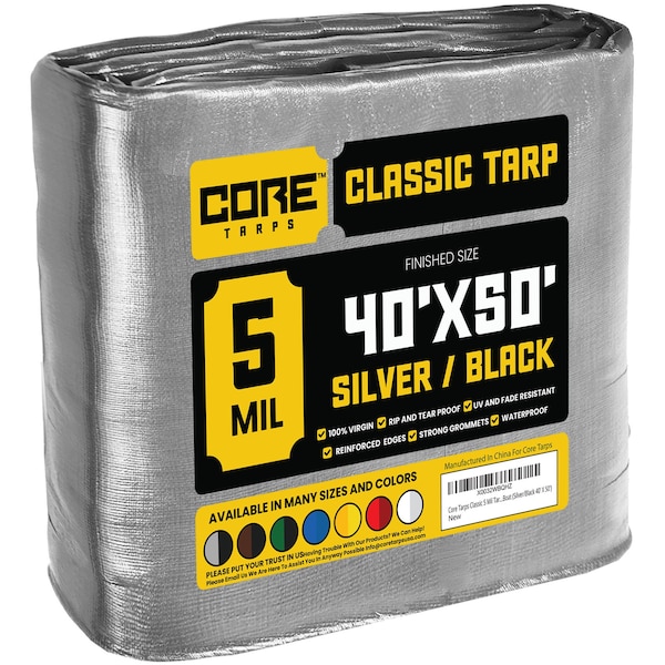Core Tarps Heavy Duty Tarp, 50 ft L x 0.5 mm H x 40 ft W, 5 Mil, Silver/Black, Polyethylene - CT-501-40X50