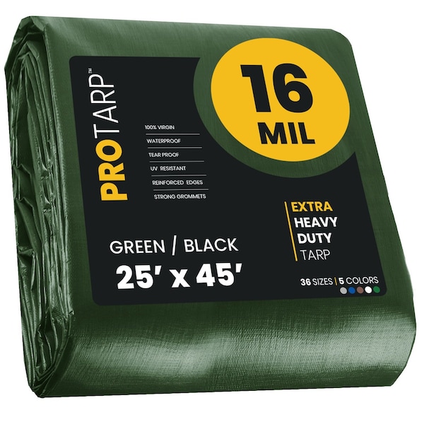 Protarp Heavy Duty Tarp, 25 ft x 45 ft, 16 Mil, Green/Black, Polyethylene - PT-103-25X45