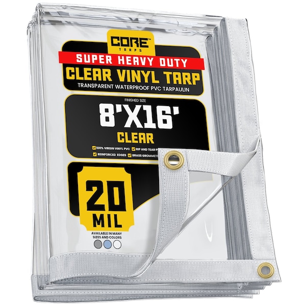 Core Tarps Tarp, 8 ft x 16 ft, 20 Mil, Clear, Polyethylene, UV Resistant - CT-101-8X16