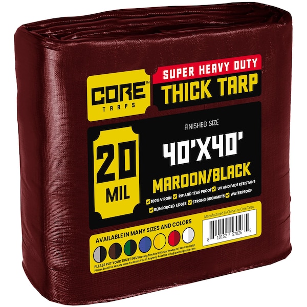 Core Tarps Heavy Duty Tarp, 40 ft x 40 ft, 20 Mil, Maroon, Polyethylene - CT-707-40X40