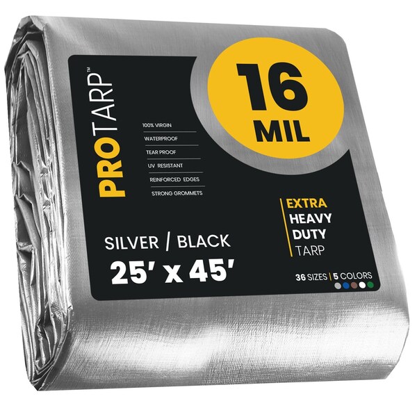 Protarp Heavy Duty Tarp, 25 ft x 45 ft, 16 Mil, Silver/Black, Polyethylene, Waterproof, Rip and Tear Proof - PT-101-25X45