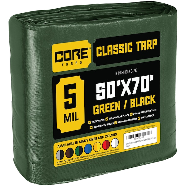 Core Tarps Tarp, 70 ft L x 0.5 mm H x 50 ft W, 5 Mil, Green/Black, Polyethylene - CT-503-50X70
