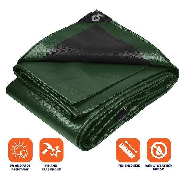 Tarpco Safety Heavy Duty Tarp, 30 ft x 0.5 mm H x 30 ft W, 10 Mil, Green/Black, Polyethylene - TS-153-30X30