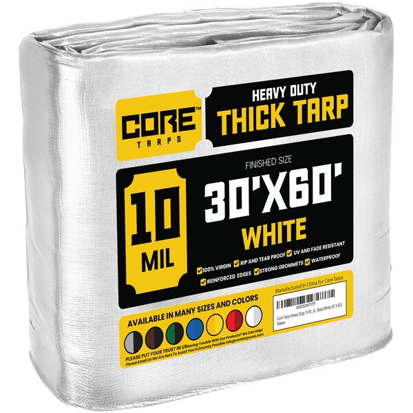 Core Tarps Heavy Duty Tarp, 60 ft L x 0.5 mm H x 30 ft W, 10 Mil, White, Polyethylene - CT-604-30X60