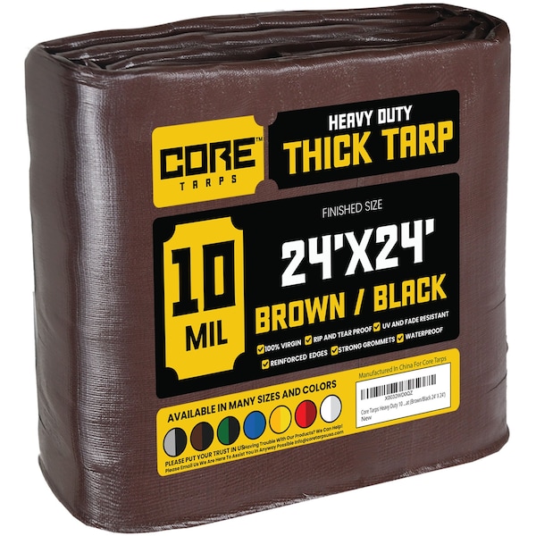 Core Tarps Heavy Duty Tarp, 24 ft L x 0.5 mm H x 24 ft W, 10 Mil, Brown/Black, Polyethylene - CT-602-24X24