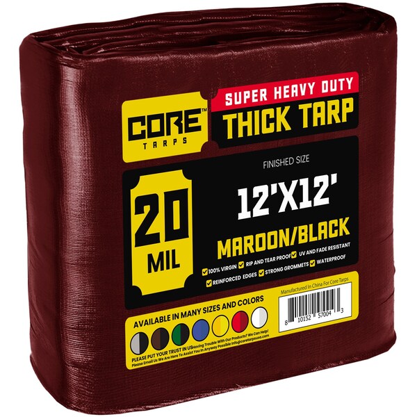 Core Tarps Heavy Duty Tarp, 12 ft x 12 ft, 20 Mil, Maroon, Polyethylene - CT-707-12X12