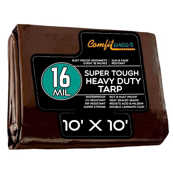 Comfitwear 16 MIL Extreme Heavy Duty Multi-Purpose Tarp Cover Rust Proof Waterproof Reinforced Edges Brown - ETBR-1010
