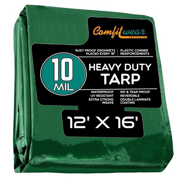 Comfitwear 10 MIL Heavy Duty Multi-Purpose Tarp Cover Rust Proof Waterproof Reinforced Edges Green/Black - MTGB-1216