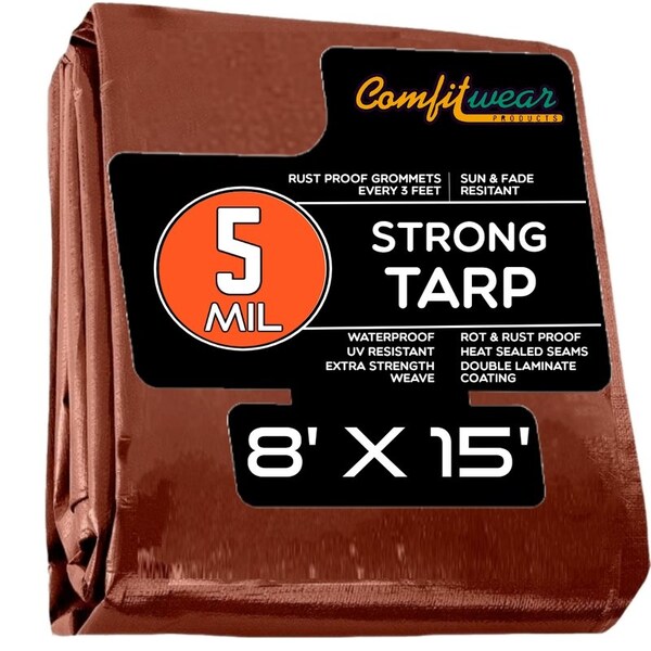 Comfitwear 5 MIL Standard Strong Multi-Purpose Tarp Cover Rust Proof Waterproof Reinforced Edges, Brown - MTBR-815-FBA