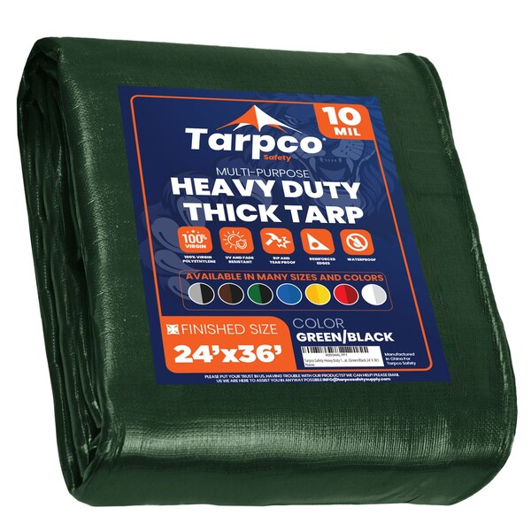 Tarpco Safety Heavy Duty Tarp, 36 ft L x 0.5 mm H x 24 ft W, 10 Mil, Green/Black, Polyethylene - TS-153-24X36