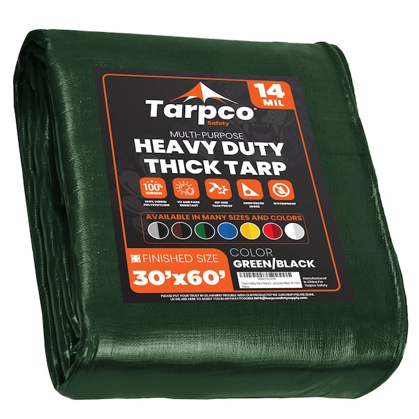 Tarpco Safety Heavy Duty Tarp, 60 ft L x 0.5 mm H x 30 ft W, 14 Mil, Green/Black, Polyethylene - TS-103-30X60