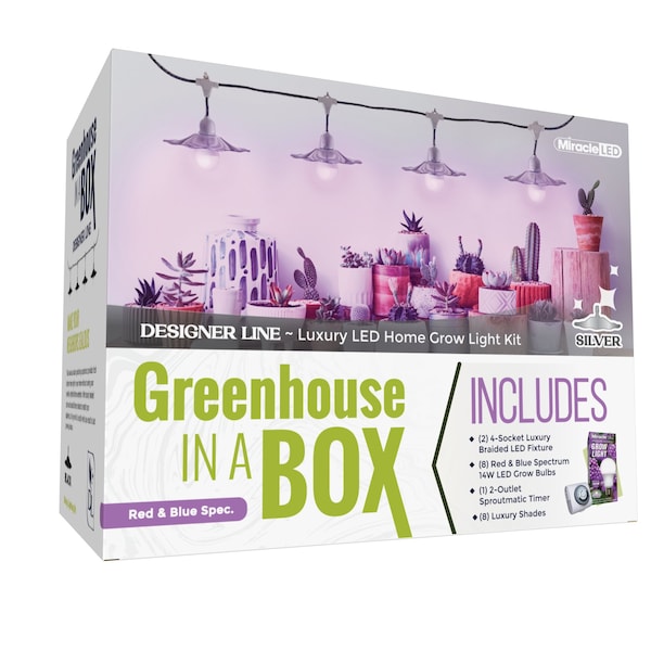 Miracle Led 4-Socket Designer Greenhouse in a Box Grow Lght Kit, Red/Blue Spec, 14W Rplc 150W Grow Bulbs, 2PK - 801787