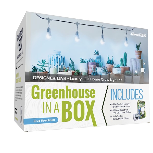 Miracle Led 4-Socket Designer Greenhouse in a Box Grow Lght Kit, Blue Spec, 14W Rplc 150W Grow Bulbs Timer, 2PK - 801793
