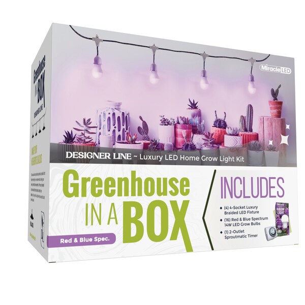 Miracle Led 4-Socket Designer Greenhouse in a Box Grow Lght Kit, Red/Blue Spec, 14W Rplc 150W Grow Bulbs, 4PK - 801800