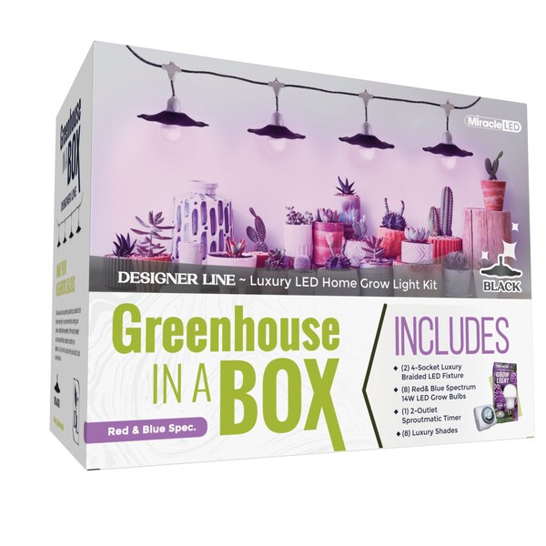 Miracle Led 4-Socket Designer Greenhouse in a Box Grow Lght Kit, Red/Blue Spec, 14W Rplc 150W Grow Bulbs, 2PK - 801775